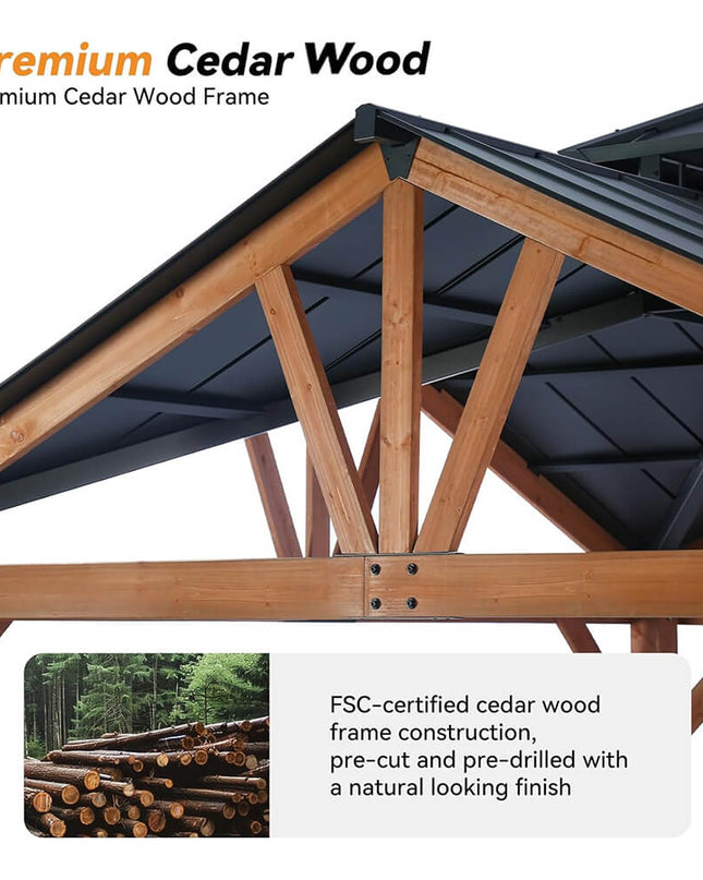 [12X12FT] Alora Premium Outdoor Cedar Wood Hardtop Gazebo With Galvanized Steel Roof