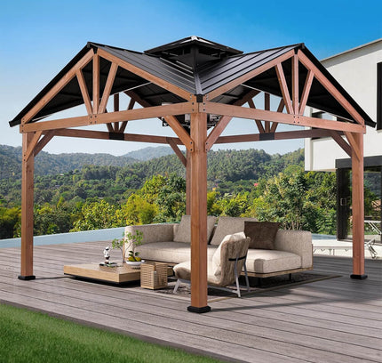 [12X12FT] Alora Premium Outdoor Cedar Wood Hardtop Gazebo With Galvanized Steel Roof