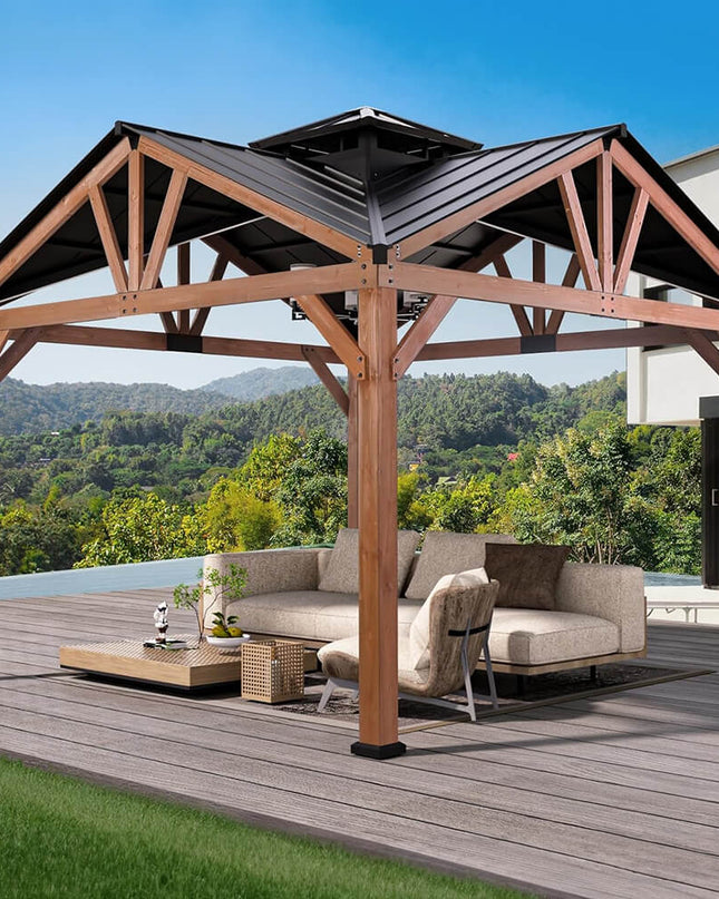 [12X12FT] Alora Premium Outdoor Cedar Wood Hardtop Gazebo With Galvanized Steel Roof