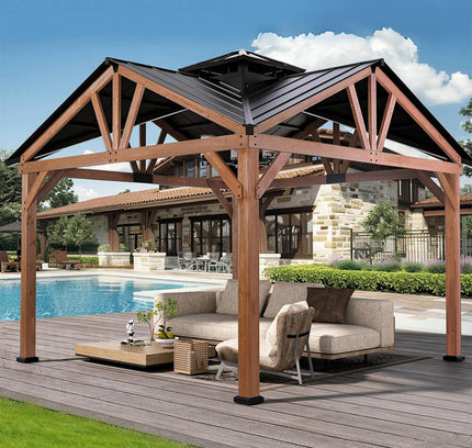[12X12FT] Alora Premium Outdoor Cedar Wood Hardtop Gazebo With Galvanized Steel Roof