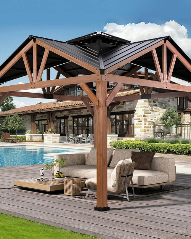 [12X12FT] Alora Premium Outdoor Cedar Wood Hardtop Gazebo With Galvanized Steel Roof
