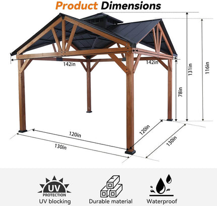 [12X12FT] Alora Premium Outdoor Cedar Wood Hardtop Gazebo With Galvanized Steel Roof