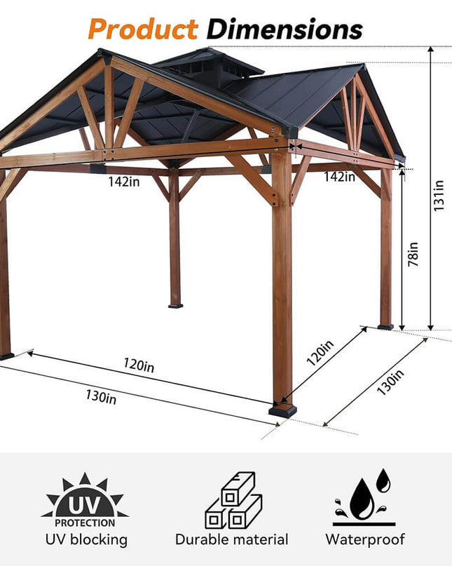 [12X12FT] Alora Premium Outdoor Cedar Wood Hardtop Gazebo With Galvanized Steel Roof