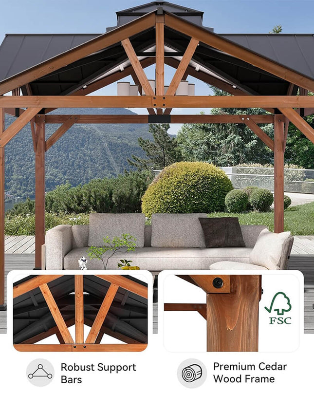 [12X12FT] Alora Premium Outdoor Cedar Wood Hardtop Gazebo With Galvanized Steel Roof