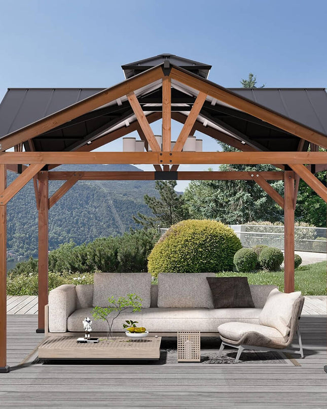 [12X12FT] Alora Premium Outdoor Cedar Wood Hardtop Gazebo With Galvanized Steel Roof