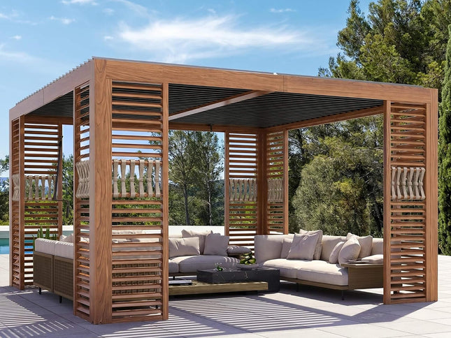 12X12FT Alora Premium Outdoor Wood Grain Louvered Pergola With Integrated Drainage (SAK74256)