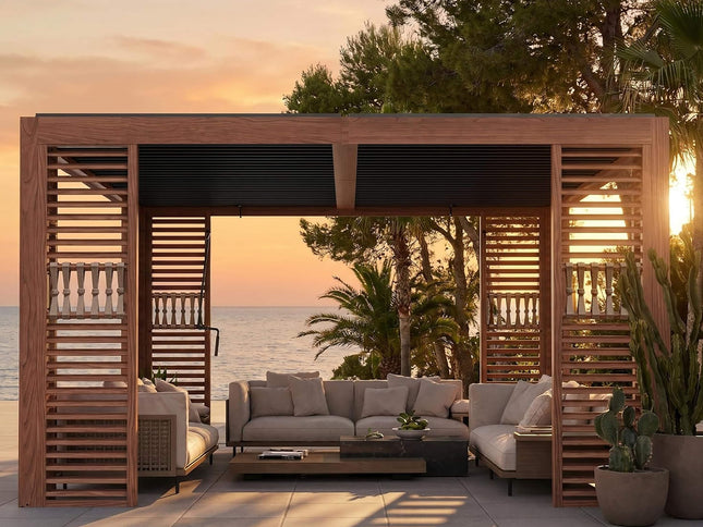 12X12FT Alora Premium Outdoor Wood Grain Louvered Pergola With Integrated Drainage (SAK74256)