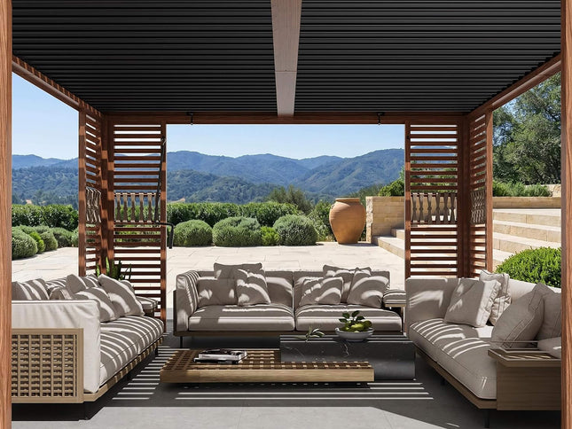 12X12FT Alora Premium Outdoor Wood Grain Louvered Pergola With Integrated Drainage (SAK74256)