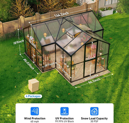 [12X12FT] Premium T-Shape Polycarbonate Greenhouse With UV Protection And Aluminum Frame (SAK27460)