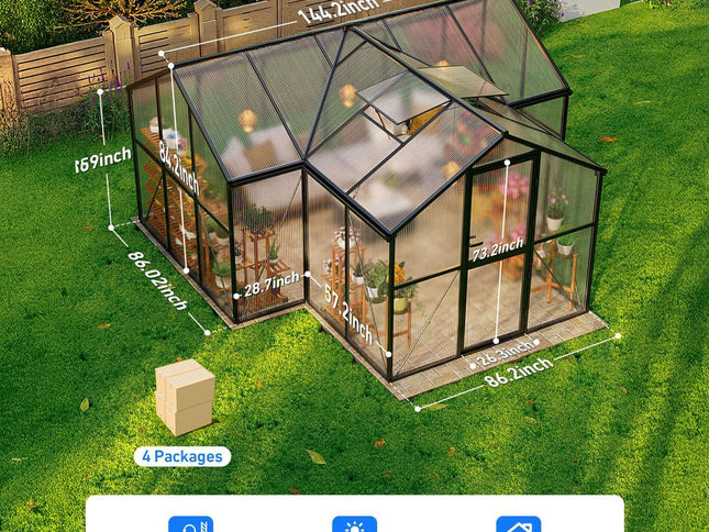 [12X12FT] Premium T-Shape Polycarbonate Greenhouse With UV Protection And Aluminum Frame (SAK27460)