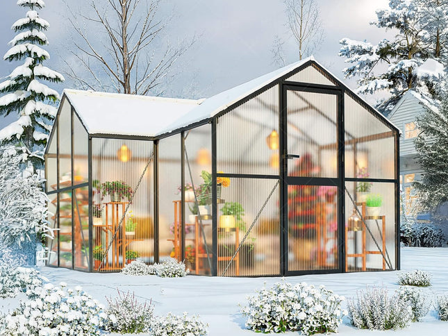 [12X12FT] Premium T-Shape Polycarbonate Greenhouse With UV Protection And Aluminum Frame (SAK27460)
