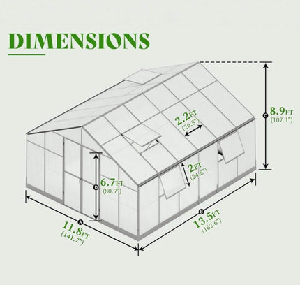 [12X13.5FT] Premium Extra Large Outdoor Aluminum Poylcarbonate Greenhouse With Quick Connect Fitting