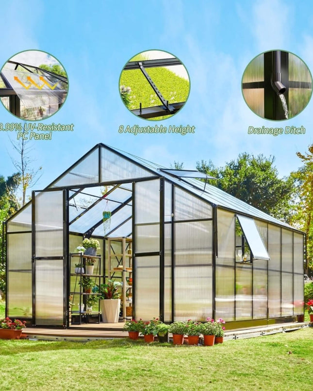 [12X13.5FT] Premium Extra Large Outdoor Aluminum Poylcarbonate Greenhouse With Quick Connect Fitting