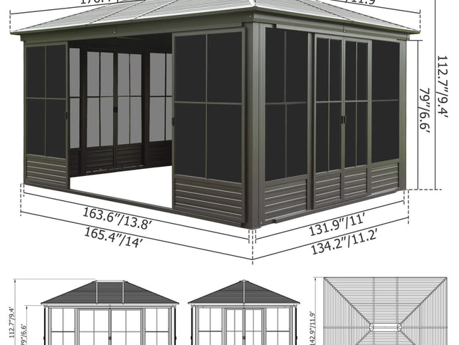 12X14FT Alora Serenity Premium All-Weather Outdoor Aluminum Sunroom With Galvanized Steel Hardtop Sloping Roof, Lockable Doors, And Moveable PC Screens (SAK76831)