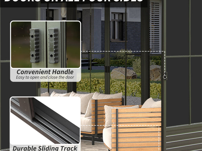 12X14FT Alora Serenity Premium All-Weather Outdoor Aluminum Sunroom With Galvanized Steel Hardtop Sloping Roof, Lockable Doors, And Moveable PC Screens (SAK76831)