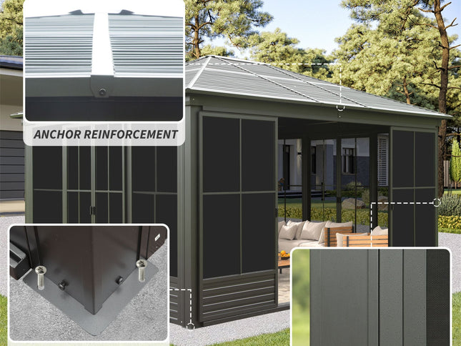 12X14FT Alora Serenity Premium All-Weather Outdoor Aluminum Sunroom With Galvanized Steel Hardtop Sloping Roof, Lockable Doors, And Moveable PC Screens (SAK76831)