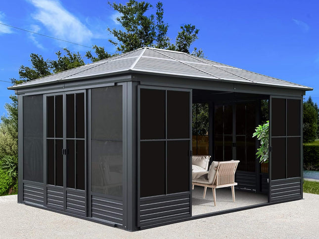 12X14FT Alora Serenity Premium All-Weather Outdoor Aluminum Sunroom With Galvanized Steel Hardtop Sloping Roof, Lockable Doors, And Moveable PC Screens (SAK76831)