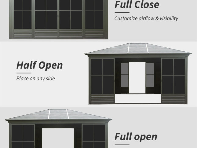 12X14FT Alora Serenity Premium All-Weather Outdoor Aluminum Sunroom With Galvanized Steel Hardtop Sloping Roof, Lockable Doors, And Moveable PC Screens (SAK76831)