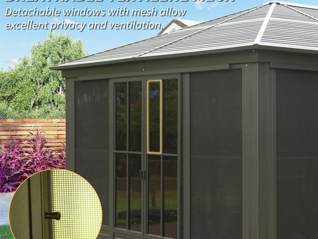 12X14FT Alora Serenity Premium All-Weather Outdoor Aluminum Sunroom With Galvanized Steel Hardtop Sloping Roof, Lockable Doors, And Moveable PC Screens (SAK76831)