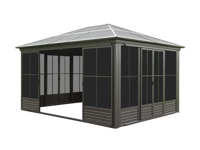 12X14FT Alora Serenity Premium All-Weather Outdoor Aluminum Sunroom With Galvanized Steel Hardtop Sloping Roof, Lockable Doors, And Moveable PC Screens (SAK76831)