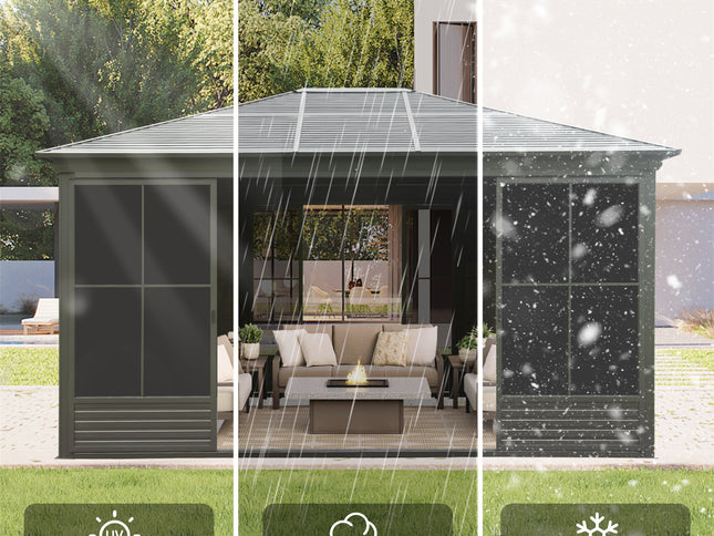 12X14FT Alora Serenity Premium All-Weather Outdoor Aluminum Sunroom With Galvanized Steel Hardtop Sloping Roof, Lockable Doors, And Moveable PC Screens (SAK76831)