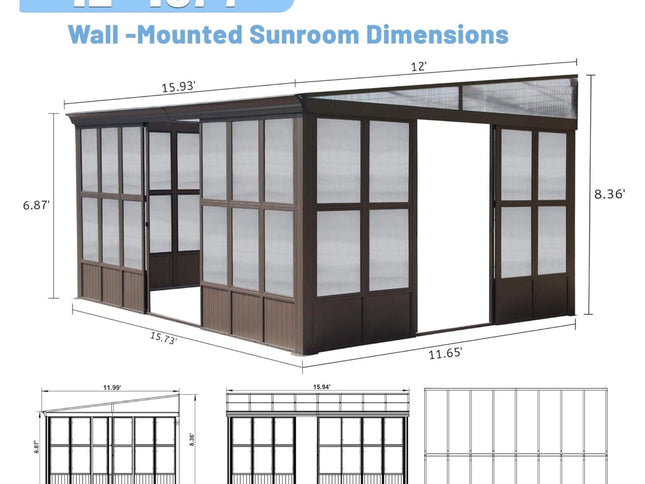 12X16FT Alora Pavilion Extra-Large All-Season Outdoor Wall-Mounted Sunroom Solarium With Detachable Polycarbonate Windows And Lockable Sliding Doors (SAK97835)