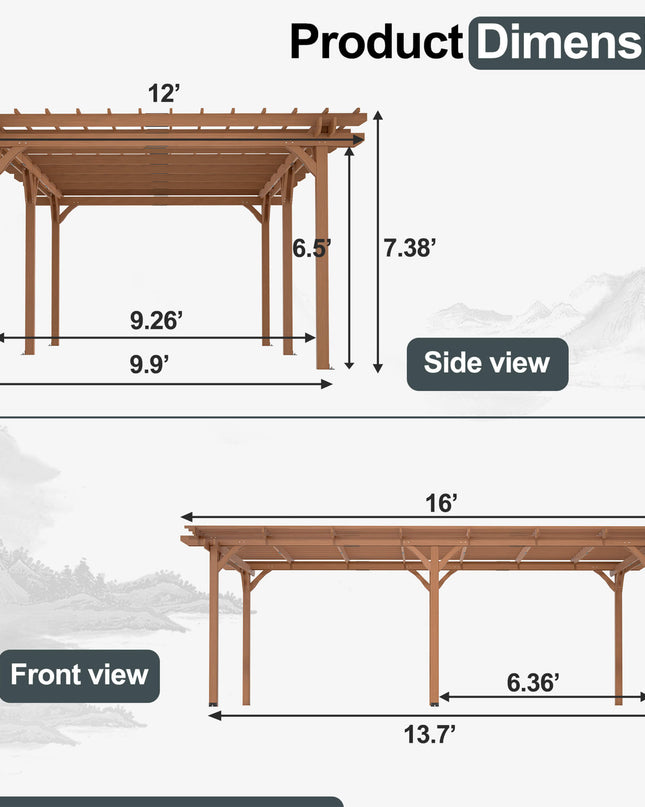 [12X16FT] Alora Extra Large Outdoor Wooden Waterproof Grape Gazebo, Brown
