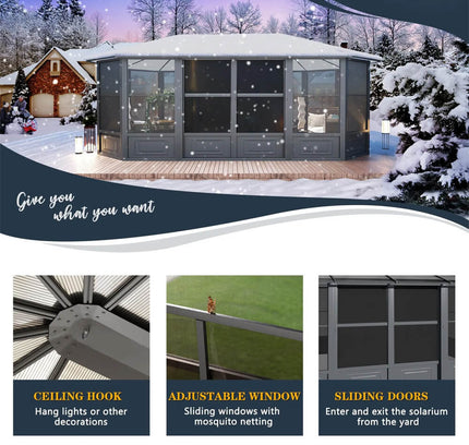 [12x18FT] Alora Large Luxury Outdoor All-Season Aluminum Solarium Sunroom With Polycarbonate Hardtop And Sliding Doors (SAK35948)