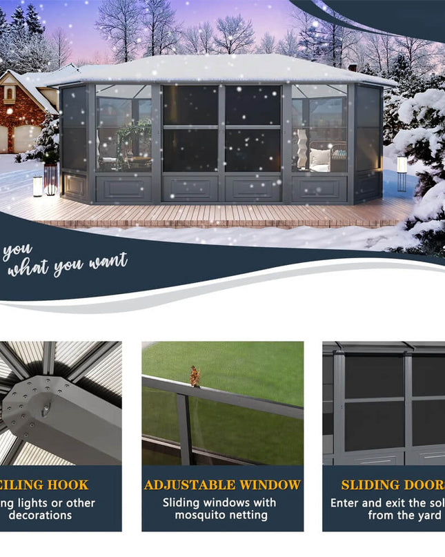 [12x18FT] Alora Large Luxury Outdoor All-Season Aluminum Solarium Sunroom With Polycarbonate Hardtop And Sliding Doors (SAK35948)