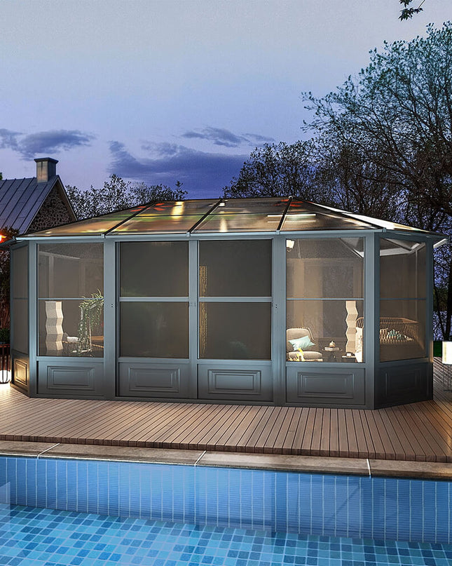 [12x18FT] Alora Large Luxury Outdoor All-Season Aluminum Solarium Sunroom With Polycarbonate Hardtop And Sliding Doors (SAK35948)