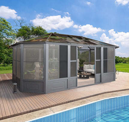 [12x18FT] Alora Large Luxury Outdoor All-Season Aluminum Solarium Sunroom With Polycarbonate Hardtop And Sliding Doors (SAK35948)