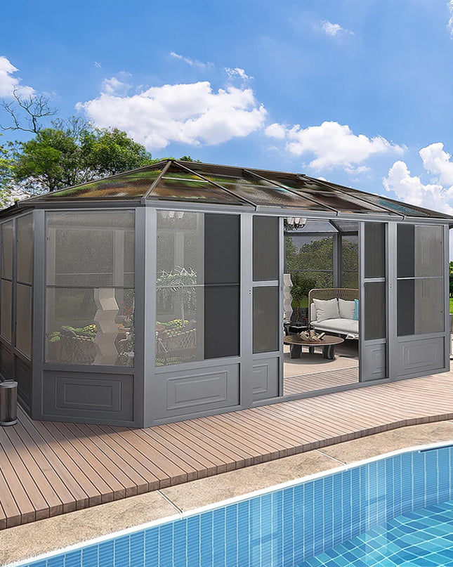 [12x18FT] Alora Large Luxury Outdoor All-Season Aluminum Solarium Sunroom With Polycarbonate Hardtop And Sliding Doors (SAK35948)