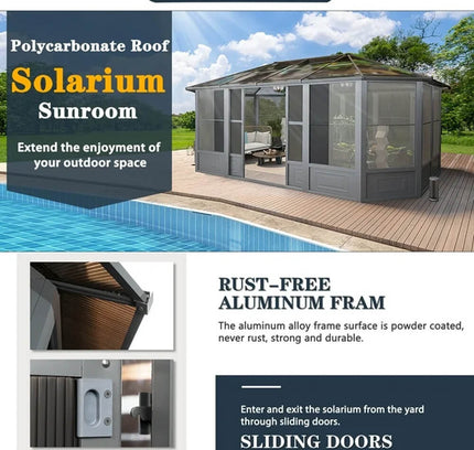 [12x18FT] Alora Large Luxury Outdoor All-Season Aluminum Solarium Sunroom With Polycarbonate Hardtop And Sliding Doors (SAK35948)