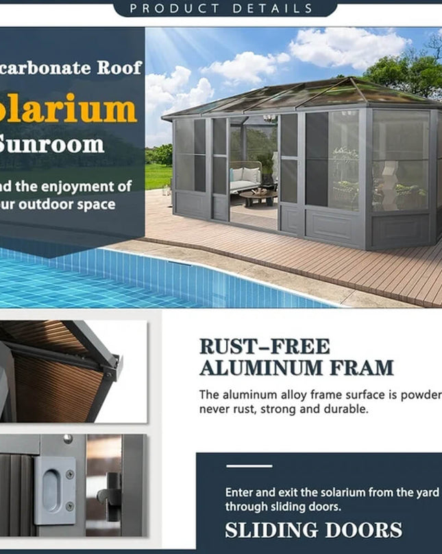 [12x18FT] Alora Large Luxury Outdoor All-Season Aluminum Solarium Sunroom With Polycarbonate Hardtop And Sliding Doors (SAK35948)