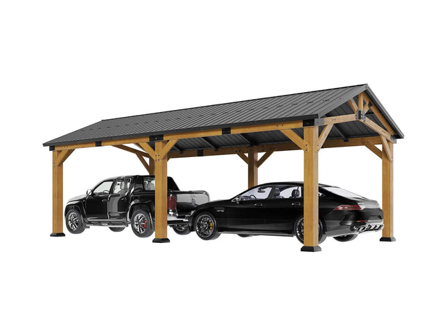 12X24FT Alora Large Heavy-Duty Outdoor Cedar Wood Hardtop Carport With Galvanized Steel Roof (SAK48392)