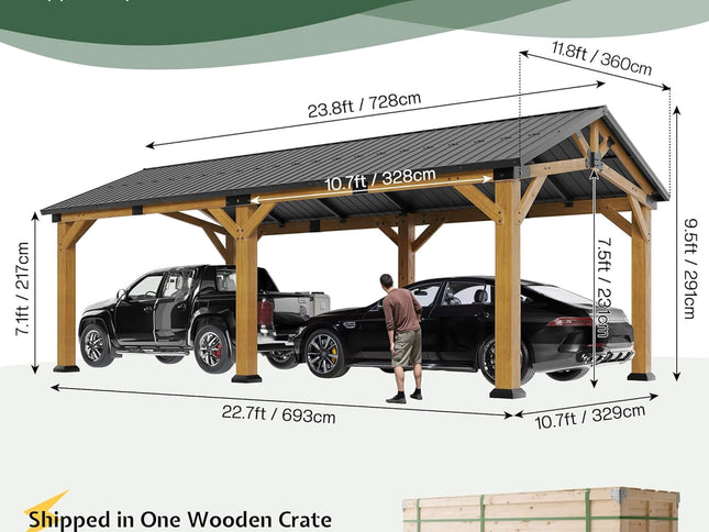 12X24FT Alora Large Heavy-Duty Outdoor Cedar Wood Hardtop Carport With Galvanized Steel Roof (SAK48392)
