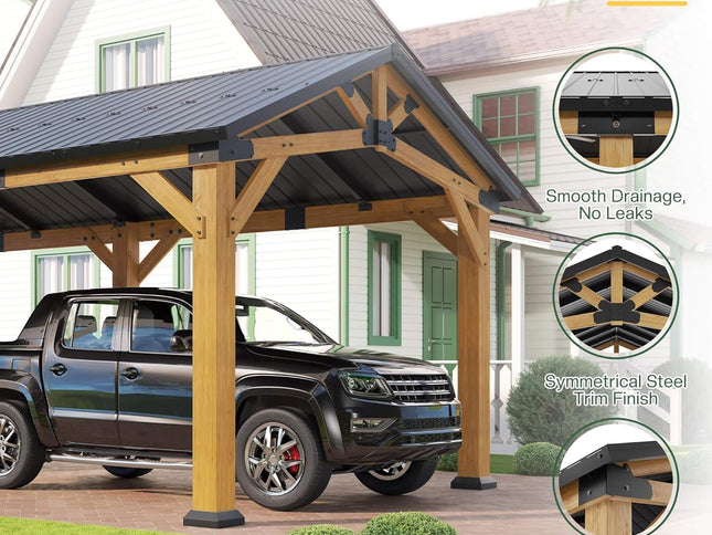 12X24FT Alora Large Heavy-Duty Outdoor Cedar Wood Hardtop Carport With Galvanized Steel Roof (SAK48392)