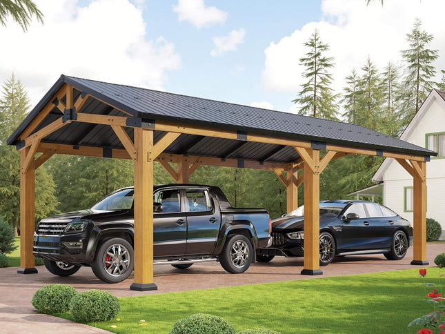 12X24FT Alora Large Heavy-Duty Outdoor Cedar Wood Hardtop Carport With Galvanized Steel Roof (SAK48392)
