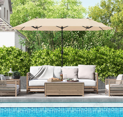 13 Ft Double-sided Patio Twin Table Umbrella with Crank Handle-Tan