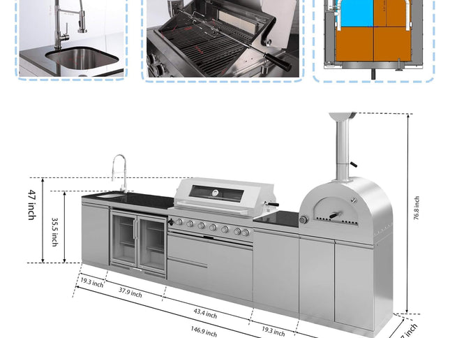 147-Inch 6-Burner 120K BTU Outdoor Kitchen Island With Pizza Oven, Rotisserie & Refrigerator (SAK96429)