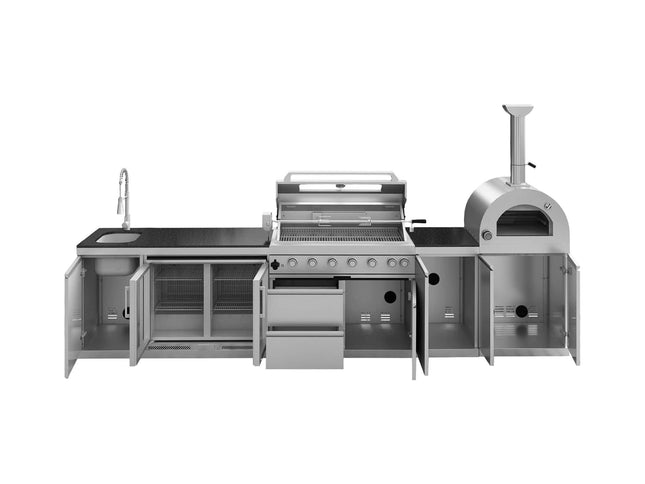 147-Inch 6-Burner 120K BTU Outdoor Kitchen Island With Pizza Oven, Rotisserie & Refrigerator (SAK96429)