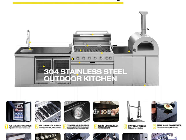 147-Inch 6-Burner 120K BTU Outdoor Kitchen Island With Pizza Oven, Rotisserie & Refrigerator (SAK96429)