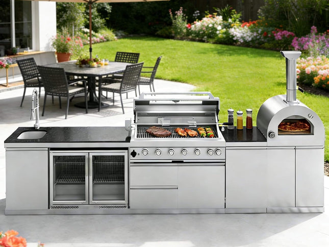 147-Inch 6-Burner 120K BTU Outdoor Kitchen Island With Pizza Oven, Rotisserie & Refrigerator (SAK96429)