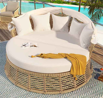 Outdoor Patio Rattan Round Daybed with Retractable Canopy, Wicker