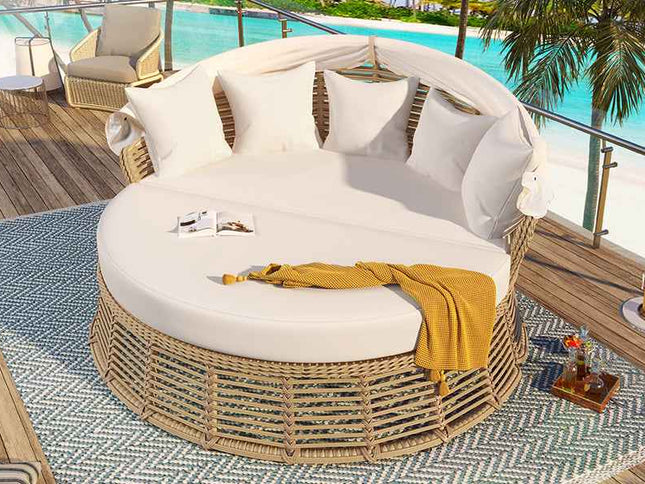 Outdoor Patio Rattan Round Daybed with Retractable Canopy, Wicker