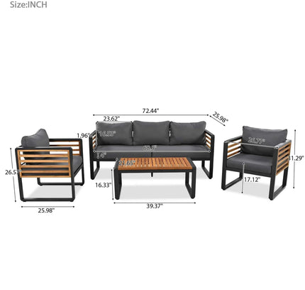 4-Piece Outdoor Conversation Set, Metal Frame & Acacia Wood Table, Seats 5