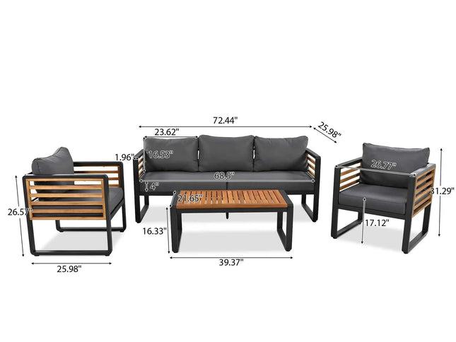 4-Piece Outdoor Conversation Set, Metal Frame & Acacia Wood Table, Seats 5