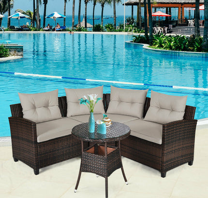 4-Piece Outdoor Wicker Rattan Patio Sofa Set with Glass Coffee Table