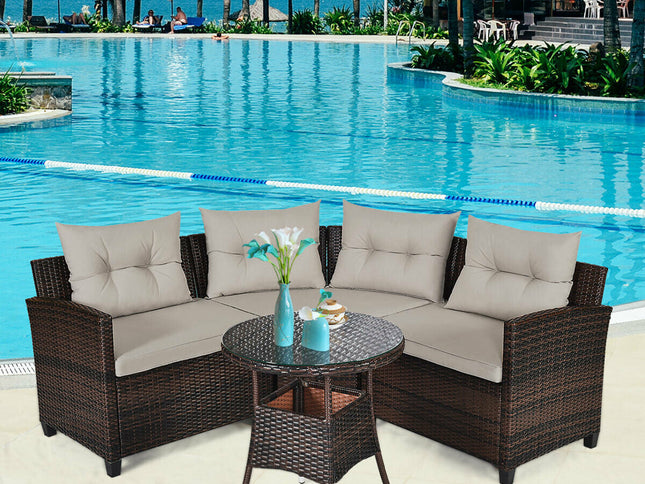 4-Piece Outdoor Wicker Rattan Patio Sofa Set with Glass Coffee Table