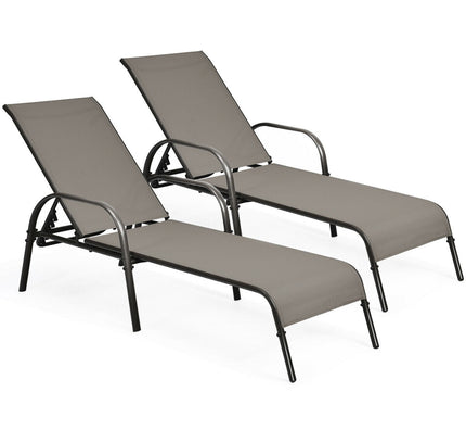 2 Pcs Patio Lounge Chair Chaise Fabric with Adjustable Reclining Armrest-Brown
